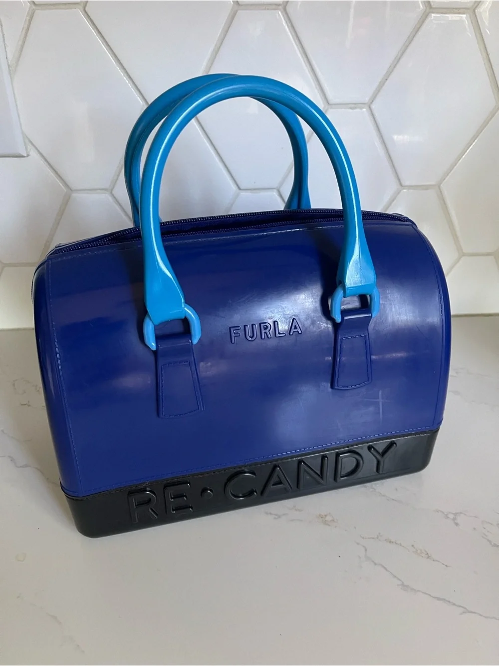 Furla Speedy Two-Tone Blue Dome Satchel with Bright Blue Handles